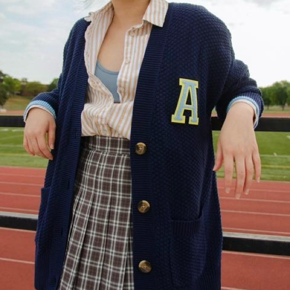 Aerie Oversized Varsity Cardigan in Navy Blue - Picture 2 of 16